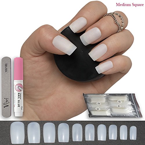 By Vixi SET DE UÑAS MEDIANO CUADRADO 600 uds. LIMA DE Y PREPARACIÓN PEGAMENTO Y GRATIS, 10 tamaños - de uñas postizas exprés de cobertura total Opaco para profesionales de salón y uso doméstico