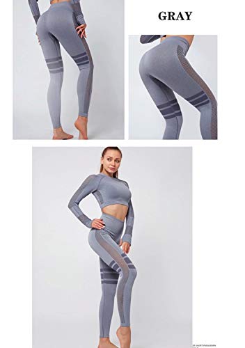 C K CrisKat Conjunto de Ropa Deportiva para Mujer Top de Running de Manga Larga de 2 Piezas Sin Costura Pantalones de Cintura Alta Yoga Gym Wear (Gris, L)