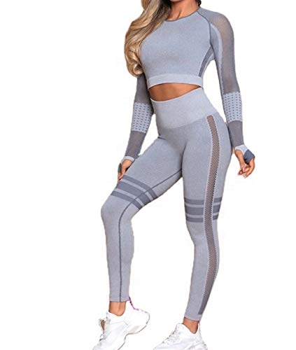 C K CrisKat Conjunto de Ropa Deportiva para Mujer Top de Running de Manga Larga de 2 Piezas Sin Costura Pantalones de Cintura Alta Yoga Gym Wear (Gris, L)