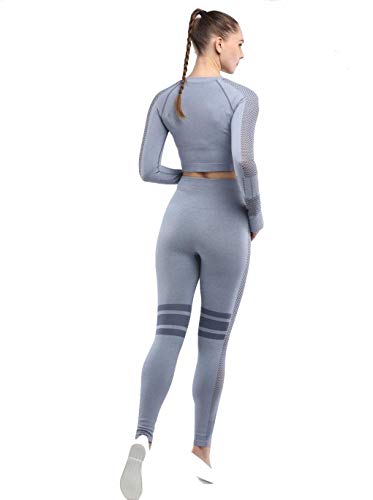 C K CrisKat Conjunto de Ropa Deportiva para Mujer Top de Running de Manga Larga de 2 Piezas Sin Costura Pantalones de Cintura Alta Yoga Gym Wear (Gris, L)