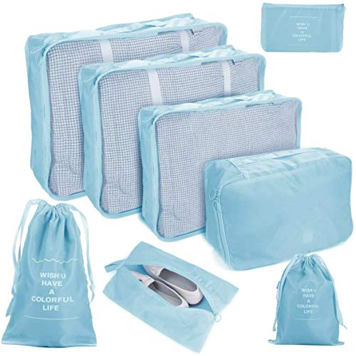 C100AE Set Organizador de Equipaje, 8 en 1 Organizadores de Viaje para Maletas, Cubos de Embalaje, Organizador de Maleta Bolsa para Ropa, con Bolsa de Zapatos, Bolsa de Cosméticos (Azul Oscuro) C100AE Set Organizador de Equipaje, 8 en 1 Organizadores de Viaje para Maletas, Cubos de Embalaje, Organizador de Maleta Bolsa para Ropa, con Bolsa de Zapatos, Bolsa de Cosméticos (Azul Oscuro)