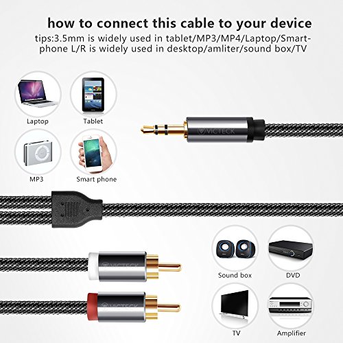 Cable Audio RCA,Victeck Nylon Trenzado 3,5mm Jack Macho a 2 RCA Macho Conectores Estéreo Cable (3 Metros)