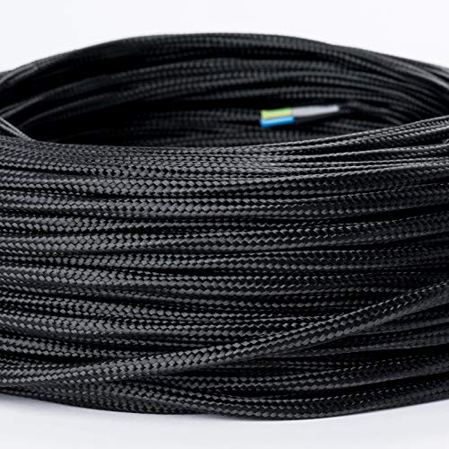 Cable textil revestido de plástico, cable de alimentación / 3 hilos 3 x 0,75 mm² con conductor de tierra, accesorios de lámpara (5 m), color negro Cable textil revestido de plástico, cable de alimentación / 3 hilos 3 x 0,75 mm² con conductor de tierra, accesorios de lámpara (5 m), color negro