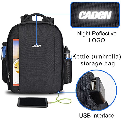 CADeN Mochila Camara Reflex - con Cubierta para Lluvia y Puerto USB Puede acomodar 2 cámaras 5 Lentes 1 trípode y Otros Accesorios fotográficas para Canon Nikon Sony