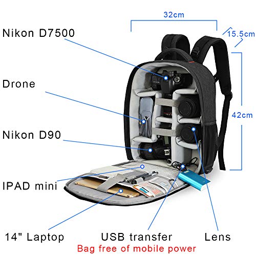 CADeN Mochila Camara Reflex - con Cubierta para Lluvia y Puerto USB Puede acomodar 2 cámaras 5 Lentes 1 trípode y Otros Accesorios fotográficas para Canon Nikon Sony CADeN Mochila Camara Reflex - con Cubierta para Lluvia y Puerto USB Puede acomodar 2 cámaras 5 Lentes 1 trípode y Otros Accesorios fotográficas para Canon Nikon Sony