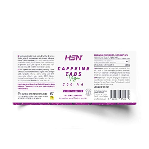 Cafeína Anhidra de HSN | 200mg | Suministro para 4 Meses | Efecto Rápido | Estimulante y Quemagrasas | Aumenta la Concentración y Rendimiento Deportivo | Vegano, Sin Lactosa, Sin Gluten, 120 Tabletas