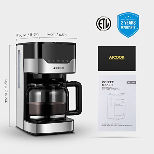 Cafetera Aicook Cafetera Goteo para 12 Tazascon con Temporizador Programable, Máquina de Café con Pantalla Táctil, Filtro Permanente, Sistema Antigoteo, Tanque de Agua DE 51 oz/ 1.5 Litros/ 900W,Negro