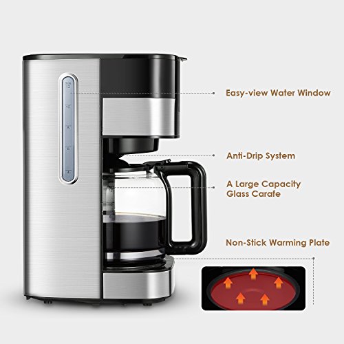 Cafetera Aicook Cafetera Goteo para 12 Tazascon con Temporizador Programable, Máquina de Café con Pantalla Táctil, Filtro Permanente, Sistema Antigoteo, Tanque de Agua DE 51 oz/ 1.5 Litros/ 900W,Negro