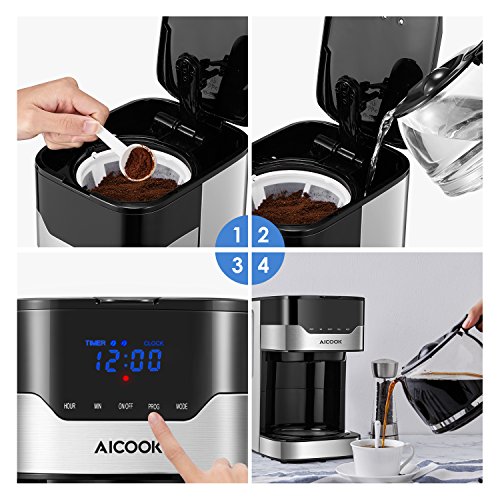 Cafetera Aicook Cafetera Goteo para 12 Tazascon con Temporizador Programable, Máquina de Café con Pantalla Táctil, Filtro Permanente, Sistema Antigoteo, Tanque de Agua DE 51 oz/ 1.5 Litros/ 900W,Negro