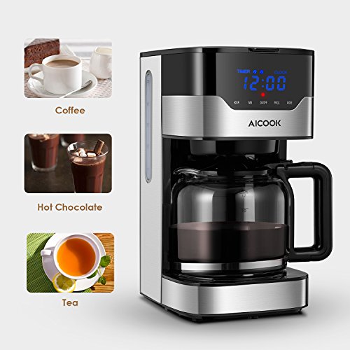 Cafetera Aicook Cafetera Goteo para 12 Tazascon con Temporizador Programable, Máquina de Café con Pantalla Táctil, Filtro Permanente, Sistema Antigoteo, Tanque de Agua DE 51 oz/ 1.5 Litros/ 900W,Negro