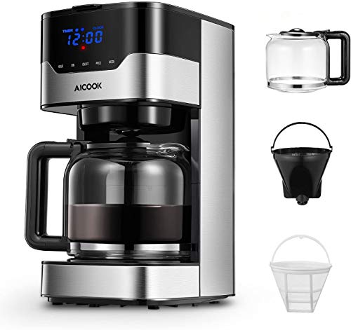 Cafetera Aicook Cafetera Goteo para 12 Tazascon con Temporizador Programable, Máquina de Café con Pantalla Táctil, Filtro Permanente, Sistema Antigoteo, Tanque de Agua DE 51 oz/ 1.5 Litros/ 900W,Negro