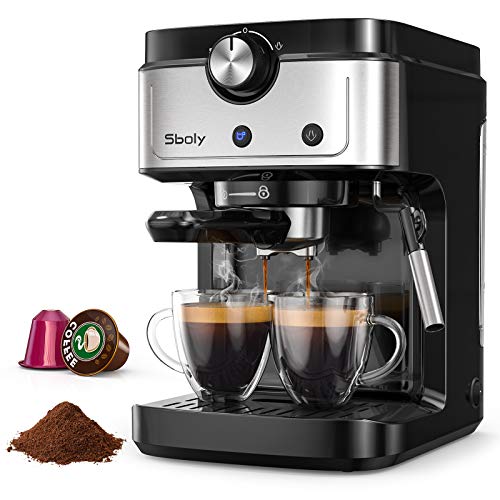 Cafetera Espresso Sboly, Cafetera 2 en 1 para Nespresso Compatible con Café Molido y en Cápsulas, Máquina de Espresso de 19 Bares con Tanque de Agua Removible y Boquilla de Vapor