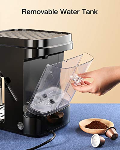 Cafetera Espresso Sboly, Cafetera 2 en 1 para Nespresso Compatible con Café Molido y en Cápsulas, Máquina de Espresso de 19 Bares con Tanque de Agua Removible y Boquilla de Vapor