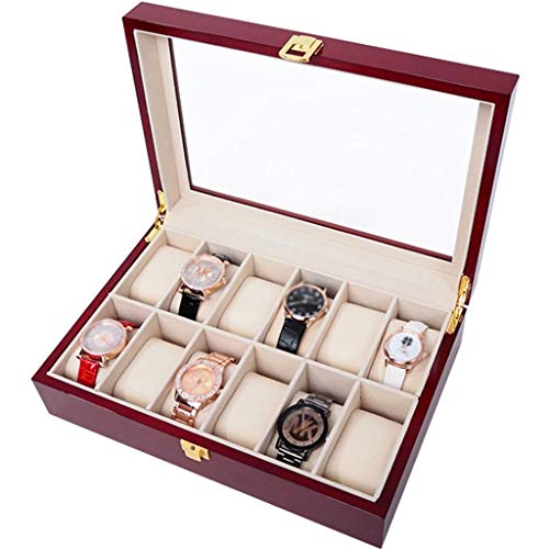 Caja de Almacenamiento de exhibición de Caja Caja de Almacenamiento de Reloj de Madera de 12 Ranuras Regalo para Hombres Colchoneta Desmontable Funda Cubierta de Vidrio Joyería