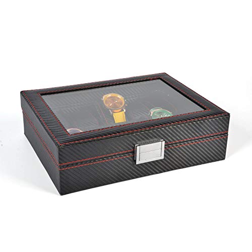 Caja de Almacenamiento de Relojes con 10 Ranuras Estuche para Exhibición de Relojes Cuero Fibra de Carbono Joyería Pulsera Colección Organizador con Tapa de Vidrio