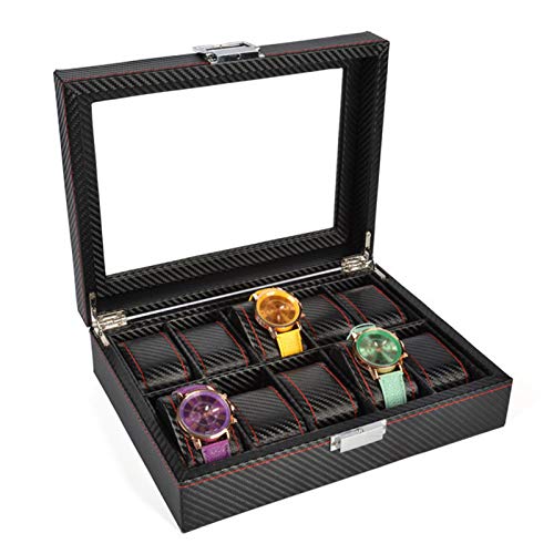 Caja de Almacenamiento de Relojes con 10 Ranuras Estuche para Exhibición de Relojes Cuero Fibra de Carbono Joyería Pulsera Colección Organizador con Tapa de Vidrio