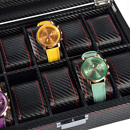 Caja de Almacenamiento de Relojes con 10 Ranuras Estuche para Exhibición de Relojes Cuero Fibra de Carbono Joyería Pulsera Colección Organizador con Tapa de Vidrio