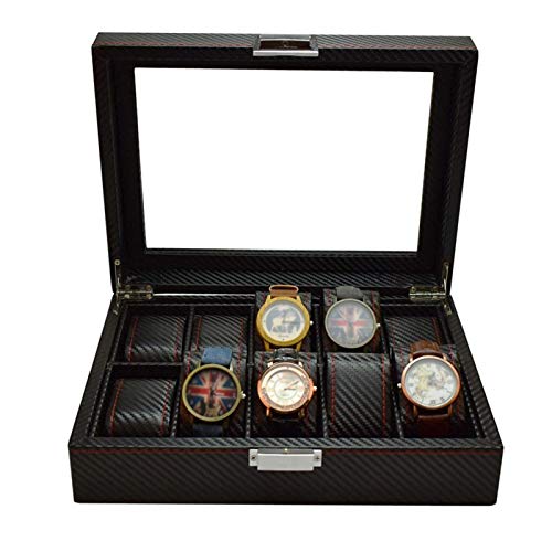 Caja de Almacenamiento de Relojes con 10 Ranuras Estuche para Exhibición de Relojes Cuero Fibra de Carbono Joyería Pulsera Colección Organizador con Tapa de Vidrio