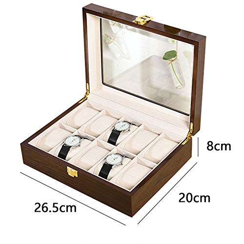 Caja de Almacenamiento de Relojes con 10 Ranuras Estuche para Exhibición de Relojes Organizador de Colección de Pulseras de Madera Maciza Marrón con Tapa de Vidrio Caja de Almacenamiento de Relojes con 10 Ranuras Estuche para Exhibición de Relojes Organizador de Colección de Pulseras de Madera Maciza Marrón con Tapa de Vidrio
