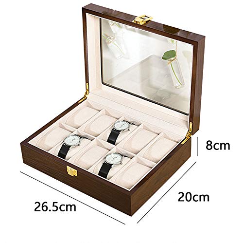 Caja de Almacenamiento de Relojes con 10 Ranuras Estuche para Exhibición de Relojes Organizador de Colección de Pulseras de Madera Maciza Marrón con Tapa de Vidrio