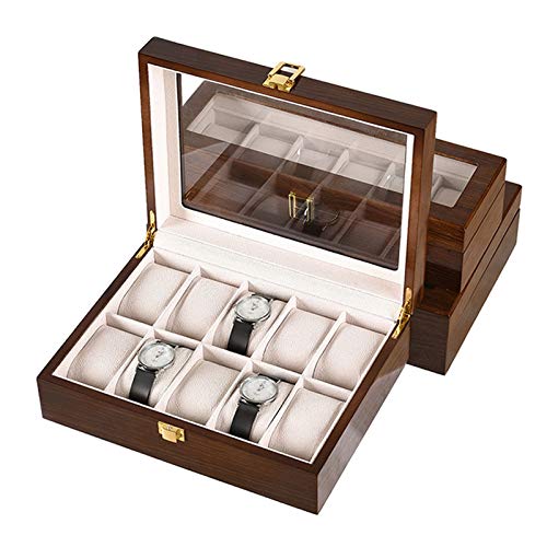 Caja de Almacenamiento de Relojes con 10 Ranuras Estuche para Exhibición de Relojes Organizador de Colección de Pulseras de Madera Maciza Marrón con Tapa de Vidrio Caja de Almacenamiento de Relojes con 10 Ranuras Estuche para Exhibición de Relojes Organizador de Colección de Pulseras de Madera Maciza Marrón con Tapa de Vidrio