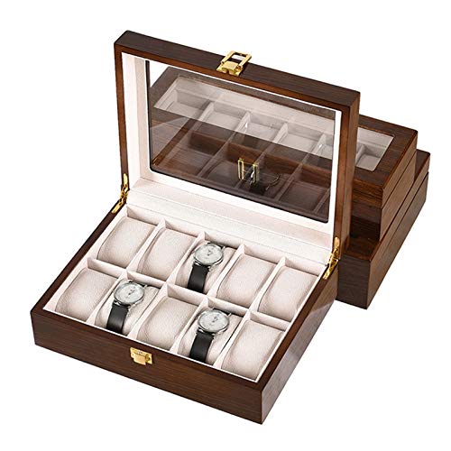 Caja de Almacenamiento de Relojes con 10 Ranuras Estuche para Exhibición de Relojes Organizador de Colección de Pulseras de Madera Maciza Marrón con Tapa de Vidrio