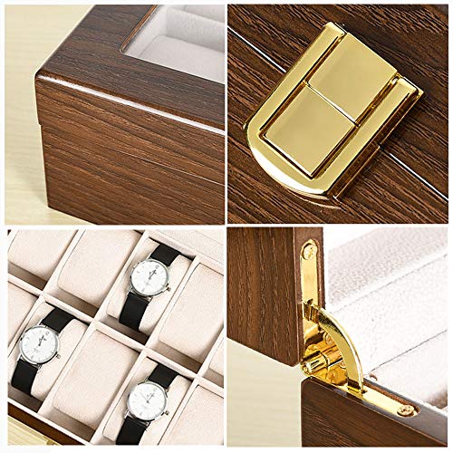 Caja de Almacenamiento de Relojes con 10 Ranuras Estuche para Exhibición de Relojes Organizador de Colección de Pulseras de Madera Maciza Marrón con Tapa de Vidrio Caja de Almacenamiento de Relojes con 10 Ranuras Estuche para Exhibición de Relojes Organizador de Colección de Pulseras de Madera Maciza Marrón con Tapa de Vidrio