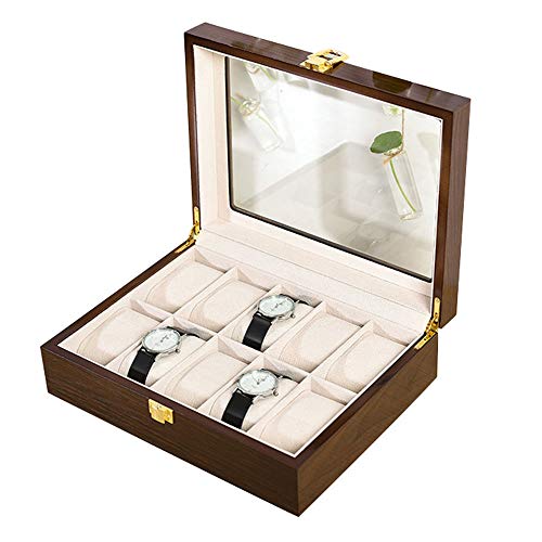 Caja de Almacenamiento de Relojes con 10 Ranuras Estuche para Exhibición de Relojes Organizador de Colección de Pulseras de Madera Maciza Marrón con Tapa de Vidrio