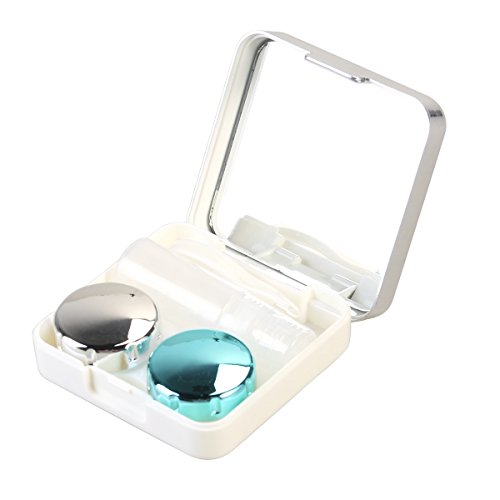 Caja de Lentes de Contacto Kit de Viaje ROSENICE Estuche Lentillas con Pinza Aplicador Palo Botella de Solución Espejo Incorporado (Blanco Plata)