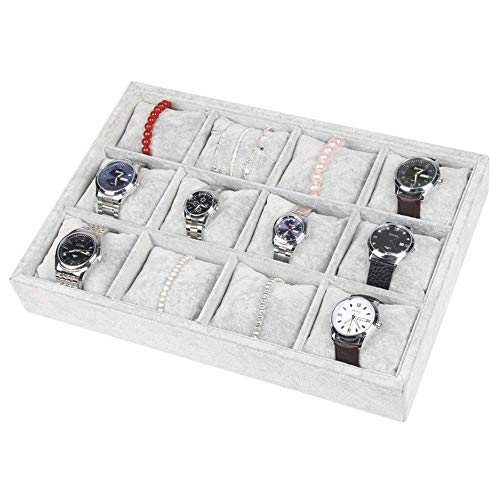 Caja de Reloj Caja de Almacenamiento de Reloj Caja de Reloj de 12 Rejillas Gris Moda Gamuza Terciopelo de Hielo Bandeja de exhibición con Almohada par