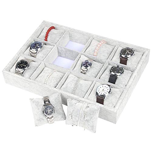 Caja de Reloj Caja de Almacenamiento de Reloj Caja de Reloj de 12 Rejillas Gris Moda Gamuza Terciopelo de Hielo Bandeja de exhibición con Almohada par