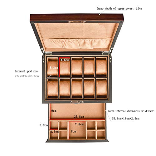 Caja de reloj de madera Caja de almacenamiento integrada para reloj de joyería Caja de reloj de madera retro europea 10 mesas Cojín de mesa extraíble con cerradura (interior de cuero amarillo / inte
