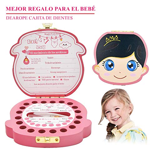 Caja para Dientes,Caja para Dientes de Leche en Español,Caja para Guardar Dientes para Niños y Niñas,Caja de Madera Para Guardar Dientes (Niña)