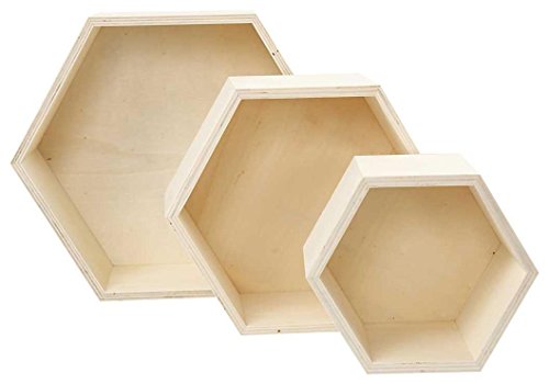 Cajas para almacenaje, hexagonal, A. 14,8+19+24,2 cm, profundidad 10 cm, madera contrachapada, 3ud
