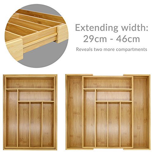 Cajón de cubiertos extensible de bambú | 6-8 compartimentos ajustables | Bandeja naturalmente duradera y resistente al agua | Organizador de cocina de madera | M&W Cajón de cubiertos extensible de bambú | 6-8 compartimentos ajustables | Bandeja naturalmente duradera y resistente al agua | Organizador de cocina de madera | M&W