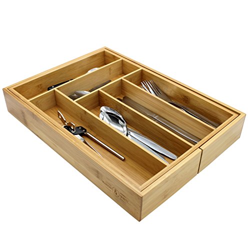 Cajón de cubiertos extensible de bambú | 6-8 compartimentos ajustables | Bandeja naturalmente duradera y resistente al agua | Organizador de cocina de madera | M&W Cajón de cubiertos extensible de bambú | 6-8 compartimentos ajustables | Bandeja naturalmente duradera y resistente al agua | Organizador de cocina de madera | M&W