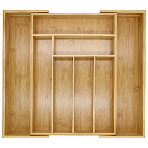 Cajón de cubiertos extensible de bambú | 6-8 compartimentos ajustables | Bandeja naturalmente duradera y resistente al agua | Organizador de cocina de madera | M&W Cajón de cubiertos extensible de bambú | 6-8 compartimentos ajustables | Bandeja naturalmente duradera y resistente al agua | Organizador de cocina de madera | M&W