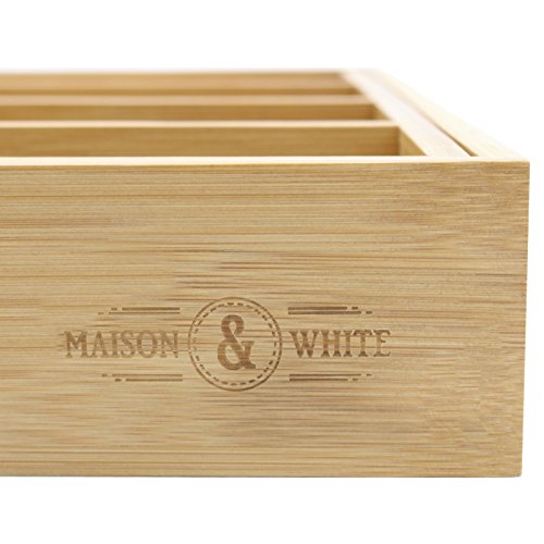 Cajón de cubiertos extensible de bambú | 6-8 compartimentos ajustables | Bandeja naturalmente duradera y resistente al agua | Organizador de cocina de madera | M&W
