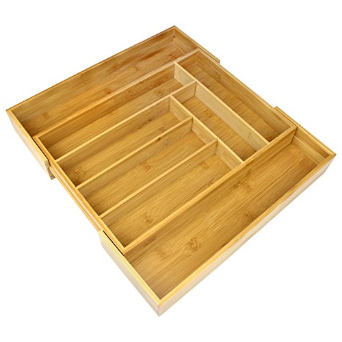 Cajón de cubiertos extensible de bambú | 6-8 compartimentos ajustables | Bandeja naturalmente duradera y resistente al agua | Organizador de cocina de madera | M&W