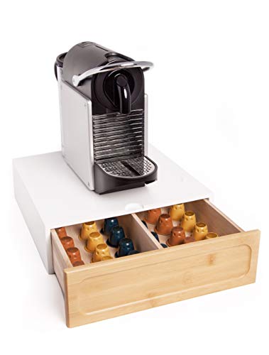Cajón porta cápsulas Nespresso Dolce Gusto – Contenedor de madera de pino y bambú para accesorios de café – Ideal para casa y oficina (Blanco)