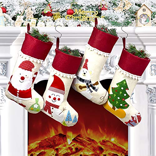 Calcetín Navidad 4 Piezas, Medias de Navidad grande 46 x 20 cm, Medias de Navidad Bolsa de Regalo, Decoración Navideña Tema Papá Noel, Muñeco de Nieve, Oso, Árbol, Adorno de Calcetín Navidad Chimenea