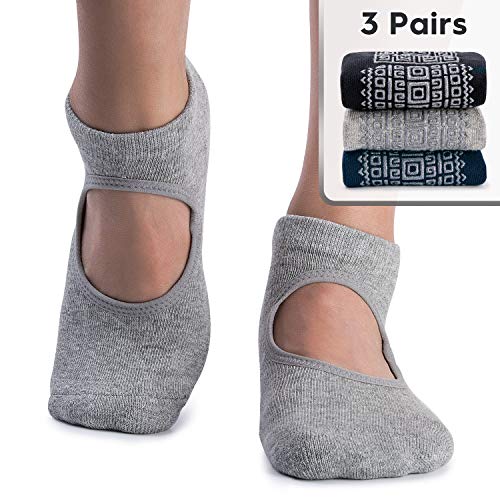 Calcetines de yoga antideslizantes para mujer con cojín para pilates, barre, casa, Talla única, 3 pares: negro, azul y gris.