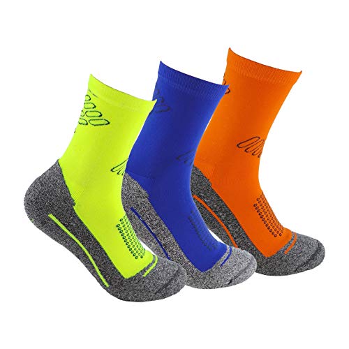 Calcetines deportivos (3 pares) SIN COSTURAS de alto rendimiento para hombre o mujer. Ideales para deportes como running, crossfit, ciclismo, pádel, trekking; Cómodos y resistentes. (Am/Az/Na, 43-46)