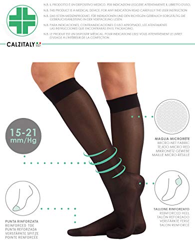 CALCETINES MEDICOS | MEDIAS HASTA LA RODILLA A COMPRESIÓN GRADUADA FUERTE | 140 DEN 15-21mm/Hg | CALCETERÍA ITALIANA | (L/XL, NEGRO)