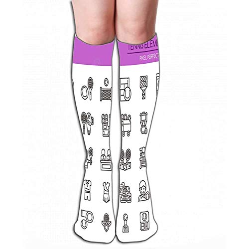 Calcetines-Mujer Algodón de lujo Colorido Cool Fun Calcetines altos hasta la rodilla 19.7"(50cm) elementos de tenis línea delgada píxeles iconos perfectos