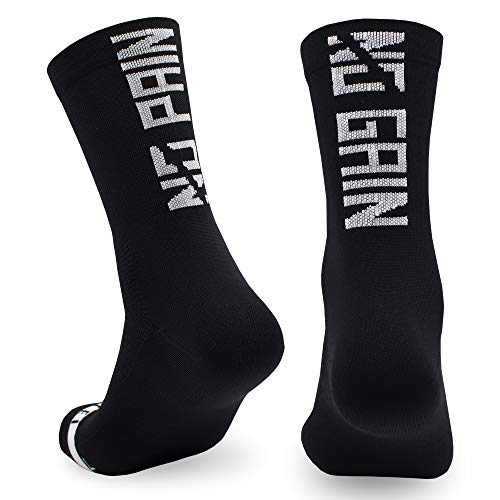 Calcetines para Ciclismo, MTB y Running de Caña Alta para Hombre y Mujer – No Pain No Gain Black (S-M (38-42))