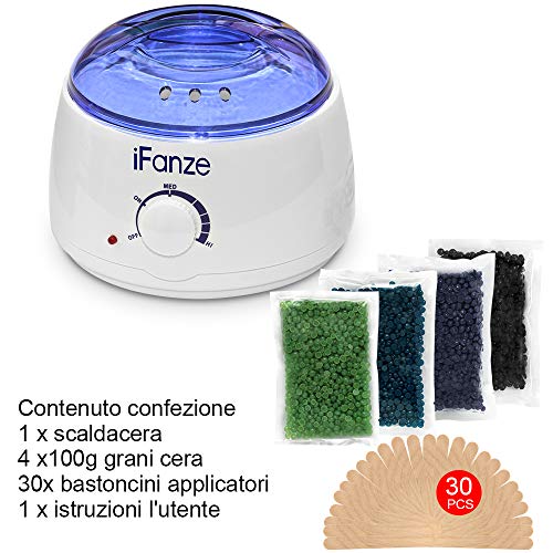 Calentador de Cera Eléctrico, Breett Kit de Depilación de Cera Profesional, calentador de cera depilatoria, 4*100g Paquetes Granos Cera, 30 espátulas madera, Spa Cara Brazos Axilas Piernas Bikini