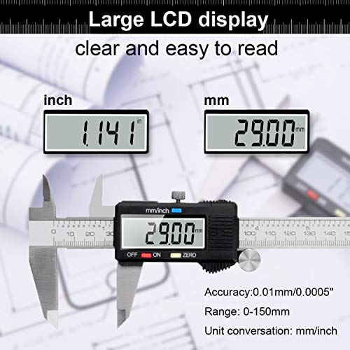 Calibre Digital, Qfun Pie de Rey Profesional Acero Inoxidable 150 mm con Pantalla LCD Grande Calibrador Digital Precisión 0.01mm Impermeable Medir Diámetro Interior Exterior Profundidad Calibre Digital, Qfun Pie de Rey Profesional Acero Inoxidable 150 mm con Pantalla LCD Grande Calibrador Digital Precisión 0.01mm Impermeable Medir Diámetro Interior Exterior Profundidad