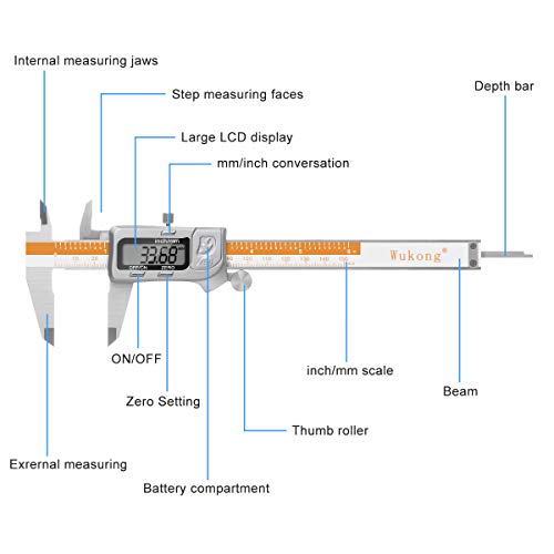 Calibre Digital Wukong, pie de rey digital 150mm/6Pulgadas Calibrador Profesional de Acero Inoxidable Resistente al agua y al polvo con Gran Pantalla LCD,Diámetro Interior y Diámetro Exterior Medibles Calibre Digital Wukong, pie de rey digital 150mm/6Pulgadas Calibrador Profesional de Acero Inoxidable Resistente al agua y al polvo con Gran Pantalla LCD,Diámetro Interior y Diámetro Exterior Medibles