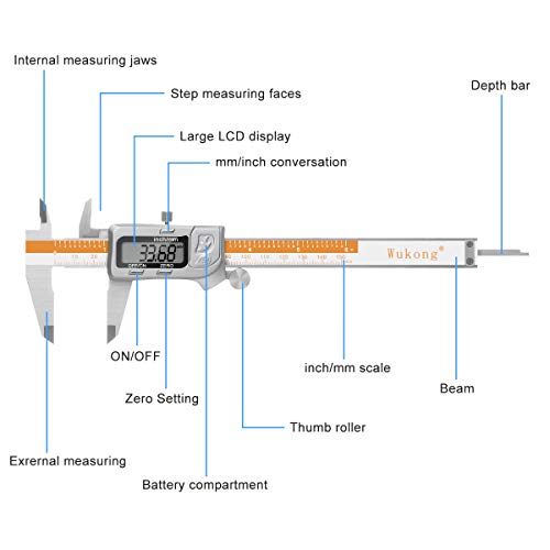 Calibre Digital Wukong, pie de rey digital 150mm/6Pulgadas Calibrador Profesional de Acero Inoxidable Resistente al agua y al polvo con Gran Pantalla LCD,Diámetro Interior y Diámetro Exterior Medibles